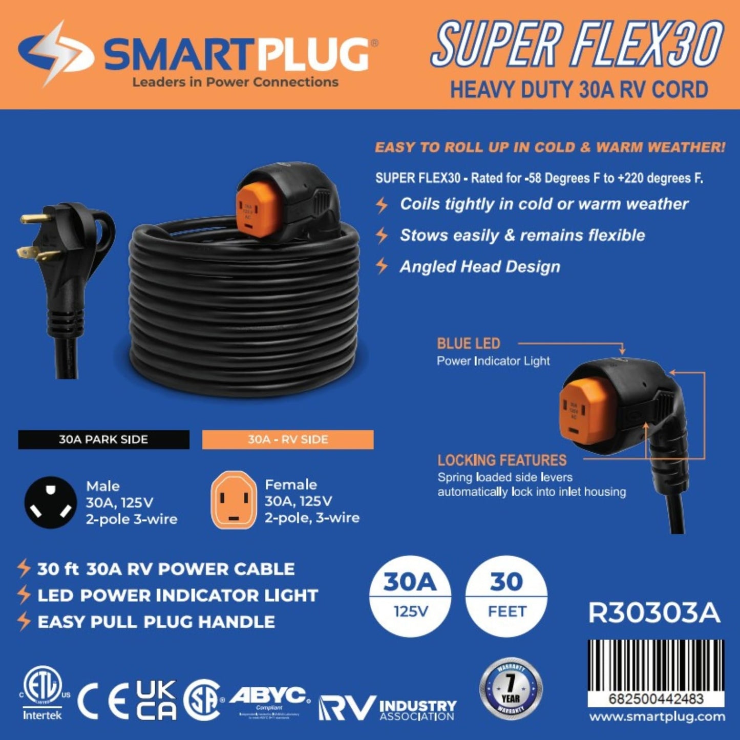 SmartPlug 30 AMP Angled RV Shore Power Dual Configuration Cordset - 30'