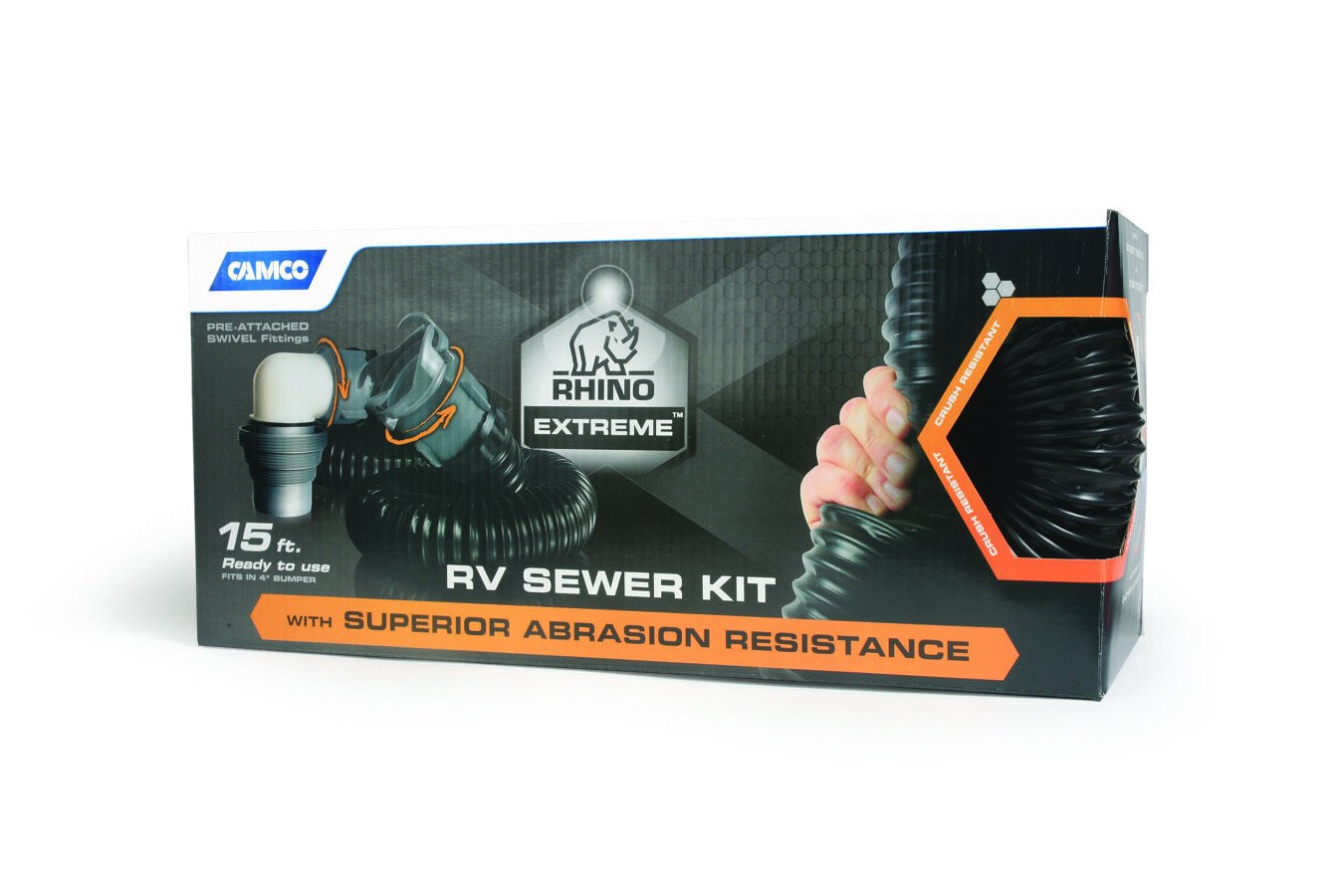 Camco RhinoEXTREME 15' Sewer Hose Kit w/Swivel Fitting 4 In 1 Elbow Caps