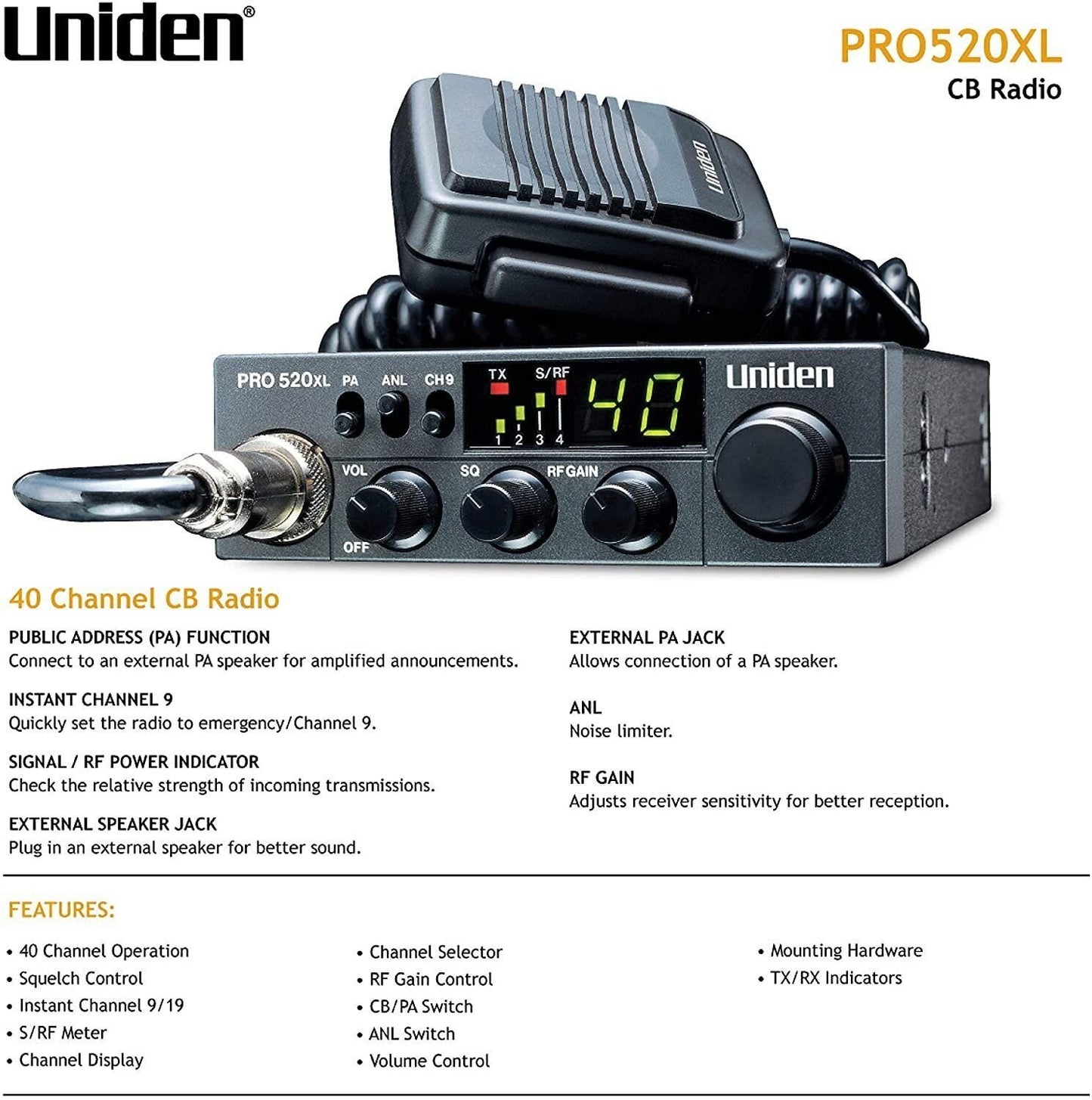CB Radio Uniden PRO520XL Pro Series 40-Channel CB Radio.