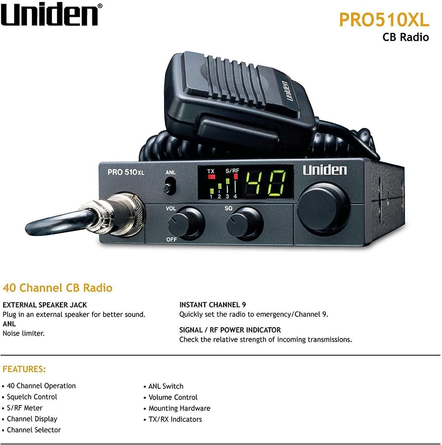 CB Radio Uniden PRO510XL Pro Series 40-Channel . Compact Design.