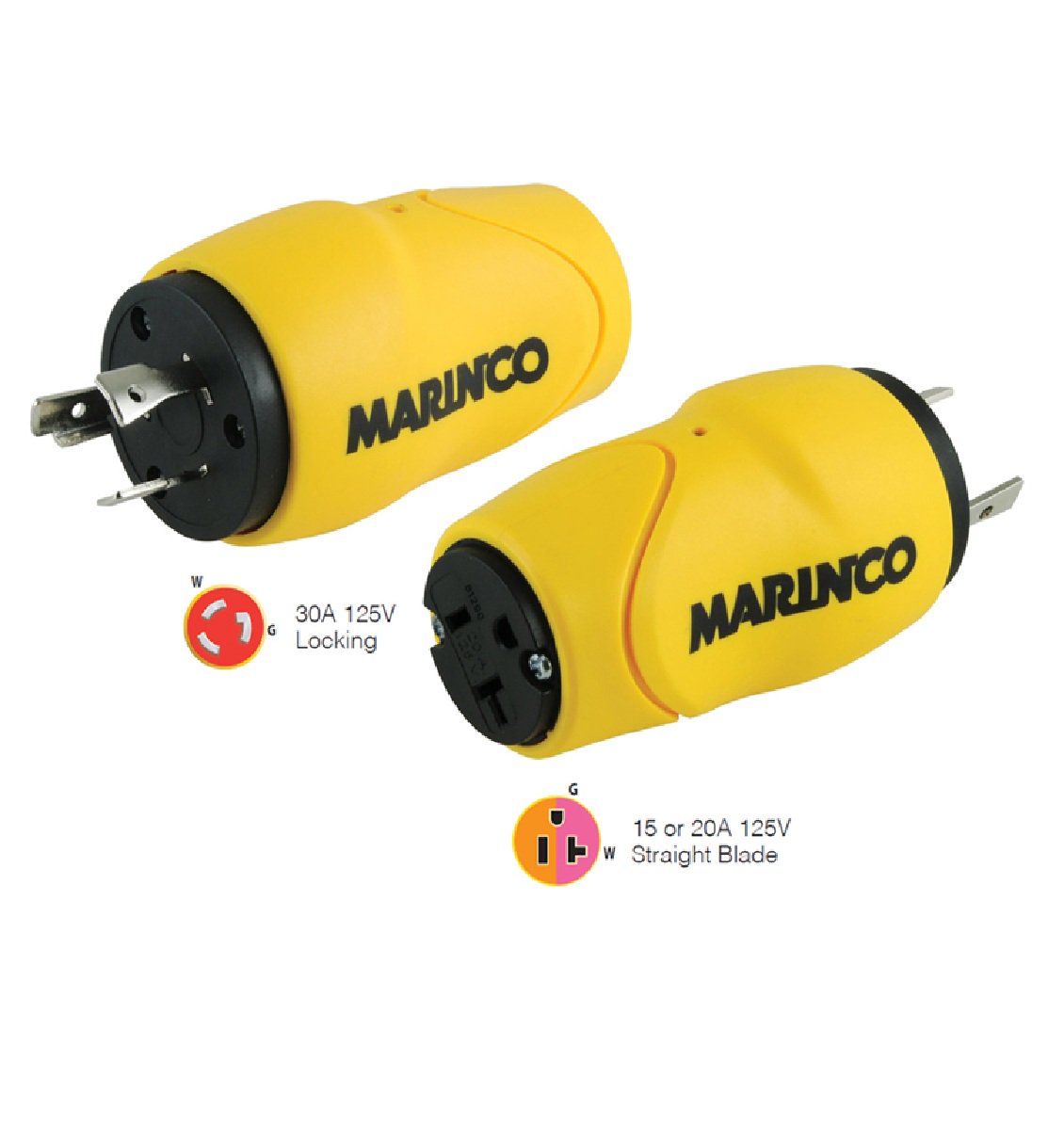 Marinco Shore Power Straight Adapter, 30A Male - 15A Female