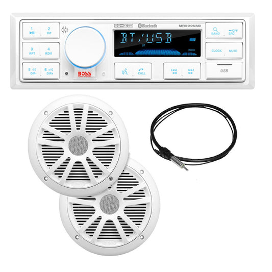 Boss Audio Boat Stereo kit -2 MR6W Speakers, Antenna, & White Remote