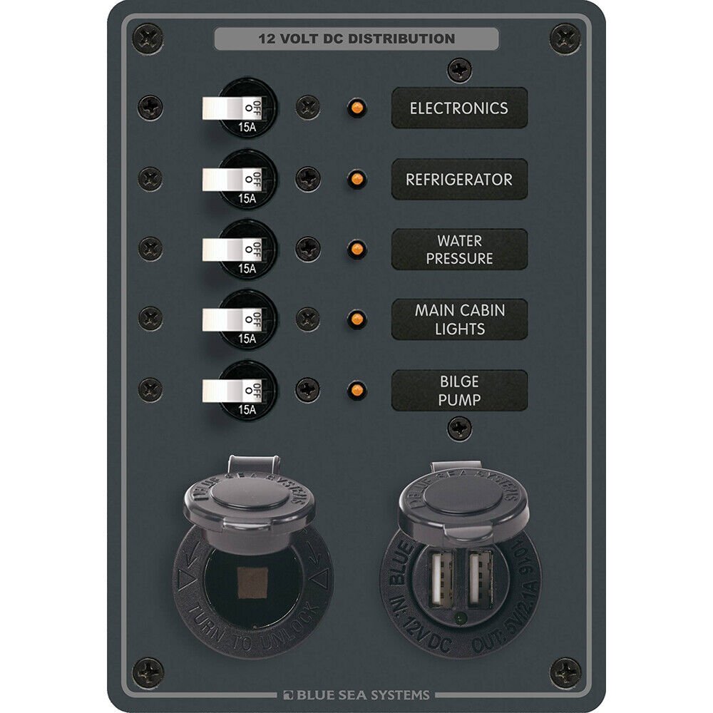 Blue Sea Systems 8120 Blue Sea 8120 Breaker Panel 5 Position W/dc Socket & Dual